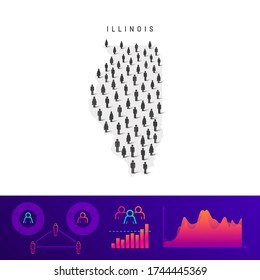 Illinois people map. Detailed vector silhouette. Mixed crowd of men and women icons. Population infographic elements. Vector illustration isolated on white.