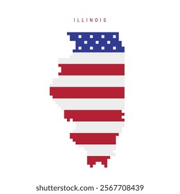 Illinois pixel flag map icon. 8 bit pixel art map covered with american flag. Flat vector illustration isolated on white background.