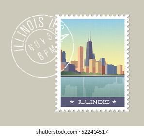  Illinois postage stamp design. Vector illustration of Chicago skyline with grunge postmark on separate layer