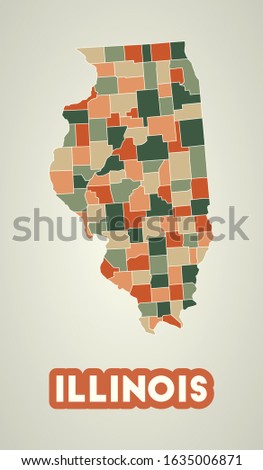 Illinois poster in retro style. Map of the US state with regions in an autumn color palette. Shape of Illinois with the state name. Artistic vector illustration.