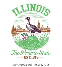 Illinois The Prairie State - US State Vintage T-shirt Vector, USA States Cityscape Landmark Icons, American State Typography Shirt, USA Skyline Clipart, Retro travel city illustration
