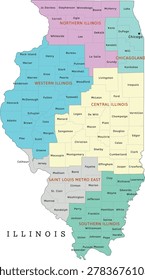 Illinois regions map with counties. Colored. Vectored