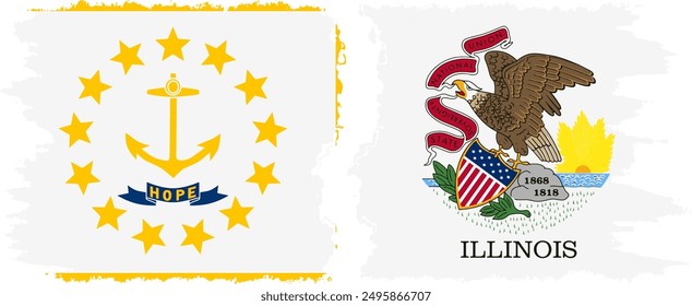 Illinois and Rhode Island states grunge brush flags connection, vector