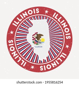 Illinois round stamp. Logo of us state with state flag. Vintage badge with circular text and stars, vector illustration.
