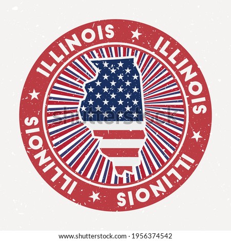 Illinois round stamp. Logo of US state with flag. Vintage badge with circular text and stars, vector illustration.