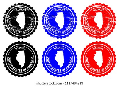 Illinois - rubber stamp - vector, Illinois (United States of America) map pattern - sticker - black, blue and red 