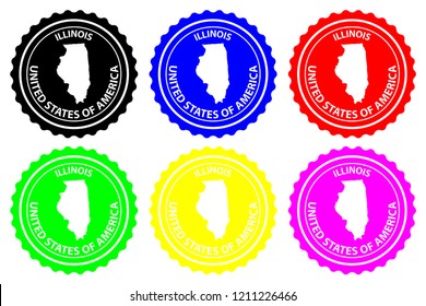 Illinois - rubber stamp - vector, Illinois (United States of America) map pattern - sticker - black, blue, green, yellow, purple and red 