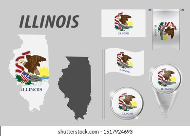 ILLINOIS. Set of national infographics elements with various flags, detailed maps, pointer, button and different shapes badges. Patriotic 3d symbols for Sport, Patriotic, Travel, Design, Template.