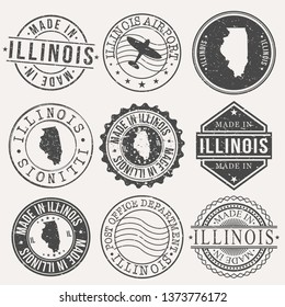 Illinois Set of Stamps. Travel Stamp. Made In Product. Design Seals Old Style Insignia.