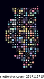 Illinois, shape of the state build of colored cells. Digital style map of the Illinois on dark background. Large size rounded square blocks. Artistic vector illustration.