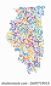 Illinois, shape of the state built of colored cells. Digital style map of Illinois on white background. Small size rounded square blocks. Abstract vector illustration.