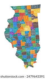 In: Illinois Shape. Staatswortwolke mit County Division. Illustration in Illinois. In: County names cloud. Vektorillustration.