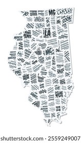 Illinois shape text cloud. State border with shadow on white background. Illinois with counties division in vintage gazette style. Creative vector illustration.