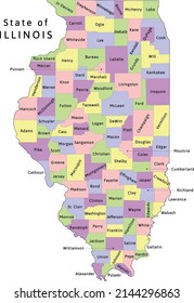 Illinois state administrative map with counties. Clored. Vectored. Yellow, green, blue, pink, violet