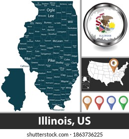 Illinois State With Counties And Location On American Map. Vector Image