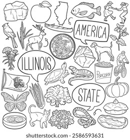 Illinois State Doodle Icons Black and White Line Art. United States Clipart Hand Drawn Symbol Design.