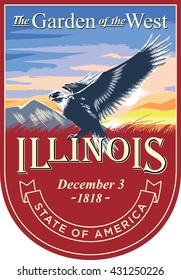 Illinois state emblem, sunrise on a red background