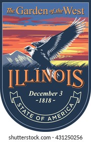 Illinois state emblem, sunset on a blue background