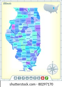 Illinois State Map with Community Assistance and Activates Icons Original Illustration