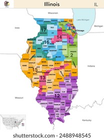 Illinois state map with counties borders and colored congressional districts boundaries due to The 2020 United States census and which is valid since 2023. Flag of Illinois. Vector