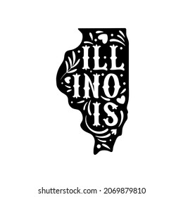 Illinois state map with doodle decorative ornaments. For printing on souvenirs and T-shirts