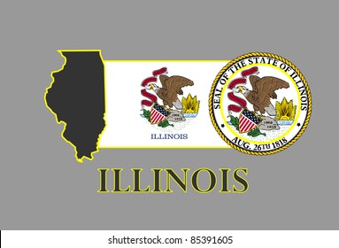 Illinois state map, flag, seal and name. svg