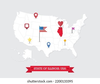 Illinois State map highlighted on USA map. Illinois map on United state of America with flag and navigation icons.