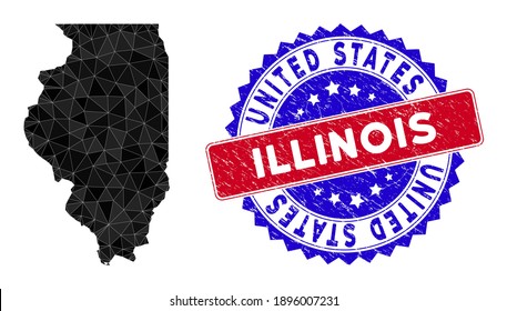 Illinois State map polygonal mesh with filled triangles, and unclean bicolor stamp seal. Triangle mosaic Illinois State map with triangular vector model, triangles have variable sizes, and positions,