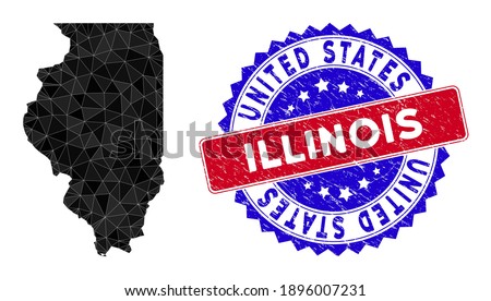 Illinois State map polygonal mesh with filled triangles, and unclean bicolor stamp seal. Triangle mosaic Illinois State map with triangular vector model, triangles have variable sizes, and positions,