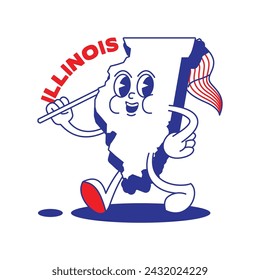 Illinois State retro mascot with hand and foot clip art. USA Map Retro cartoon stickers with funny comic characters and gloved hands. Vector template for website, design, cover, infographics.