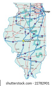 Illinois State Road Map With Interstates And U.S. Highways. All Elements On Separate Layers For Easy Editing.