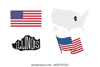Illinois State. USA flag. Map of the USA