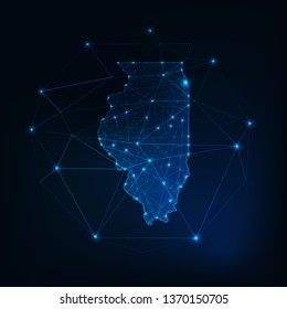 Illinois state USA map glowing silhouette outline made of stars lines dots triangles, low polygonal shapes. Communication, internet technologies concept. Wireframe futuristic vector illustration