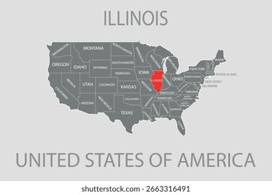 Estado de Illinois, EE.UU., mapa de Vector aislado en el mapa de Estados Unidos. Mapa de Vector en blanco editable de EE.UU.
