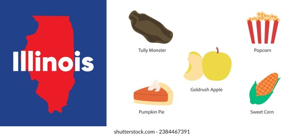 Estados de Illinois con símbolo icono del tulmonstruo de la tarta de calabaza manzana de maíz   ilustración