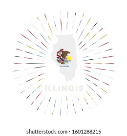 Illinois sunburst badge. The US state sign with map of Illinois with state flag. Colorful rays around the logo. Vector illustration.