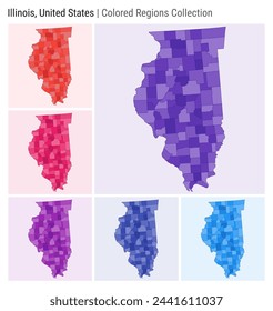 Illinois, United States. Map collection. State shape. Colored counties. Deep Purple, Red, Pink, Purple, Indigo, Blue color palettes. Border of Illinois with counties. Vector illustration.