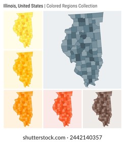 Illinois, United States. Map collection. State shape. Colored counties. Blue Grey, Yellow, Amber, Orange, Deep Orange, Brown color palettes. Border of Illinois with counties. Vector illustration.