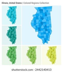 Illinois, United States. Map collection. State shape. Colored counties. Light Blue, Cyan, Teal, Green, Light Green, Lime color palettes. Border of Illinois with counties. Vector illustration.