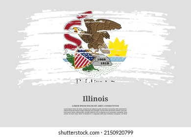 Illinois US flag with brush stroke effect and information text poster, vector background
