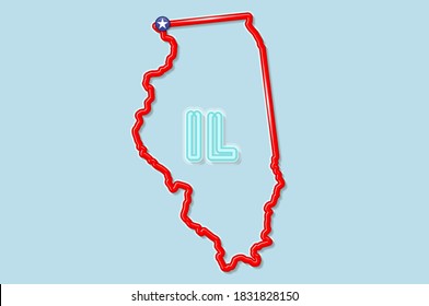 Illinois US state bold outline map. Glossy red border with soft shadow. Two letter state abbreviation. Vector illustration.