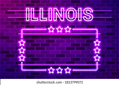 Illinois US State glowing purple neon lettering and a rectangular frame with stars. Realistic vector illustration. Purple brick wall, violet glow, metal holders.