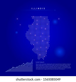 Illinois US state illuminated map with glowing dots. Infographics elements. Dark blue space background. Vector illustration. Growing chart, lorem ipsum text.