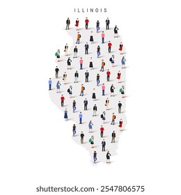 Illinois US state population map. Large group of realistic a diverse crowd of people figures. Flat vector illustration isolated on white.