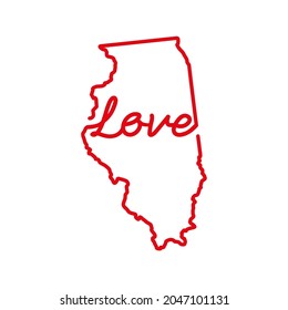 Illinois Mapa de esquema rojo del estado de EE.UU. con la palabra LOVE escrita a mano. Dibujo continuo de la línea del signo patriótico del hogar. Un amor por una pequeña patria. La idea de la decoración interior Ilustración vectorial.
