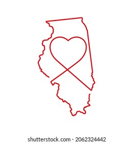 Illinois US state red outline map with the handwritten heart shape. Continuous line drawing of patriotic home sign. A love for a small homeland. T-shirt print idea. Vector illustration.