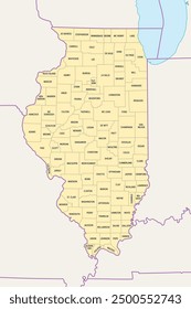 Illinois, U.S. state subdivided into 102 counties, political map with borders and county names. State in the Midwestern region of the USA. Land of Lincoln, Prairie State, and The Inland Empire State.