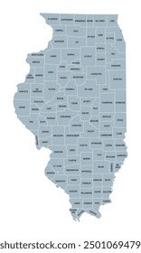 Illinois, U.S. state subdivided into 102 counties, gray political map with borders and county names. State in the Midwestern region of USA. Land of Lincoln, Prairie State, and The Inland Empire State.