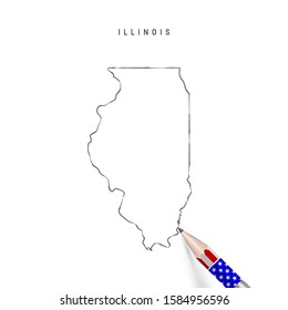 Illinois US state vector map pencil sketch. Illinois outline contour map with 3D pencil in american flag colors. Freehand drawing vector, hand drawn sketch isolated on white.