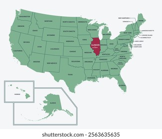 Illinois, USA. Editable isolated blank vector map of United states, highlighted at state of Illinois.